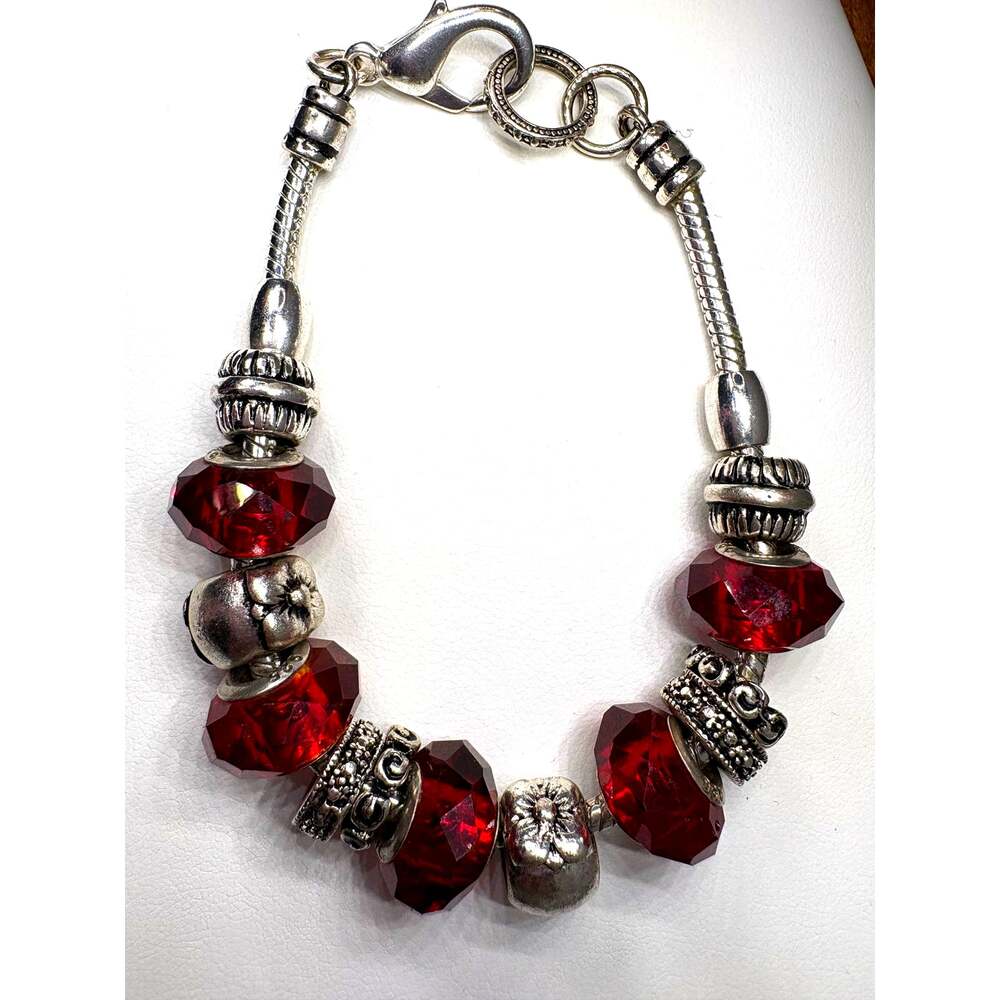 Sterling Silver European Charm Bracelet 7.5" Ruby Red Faceted Glass 11 Charms